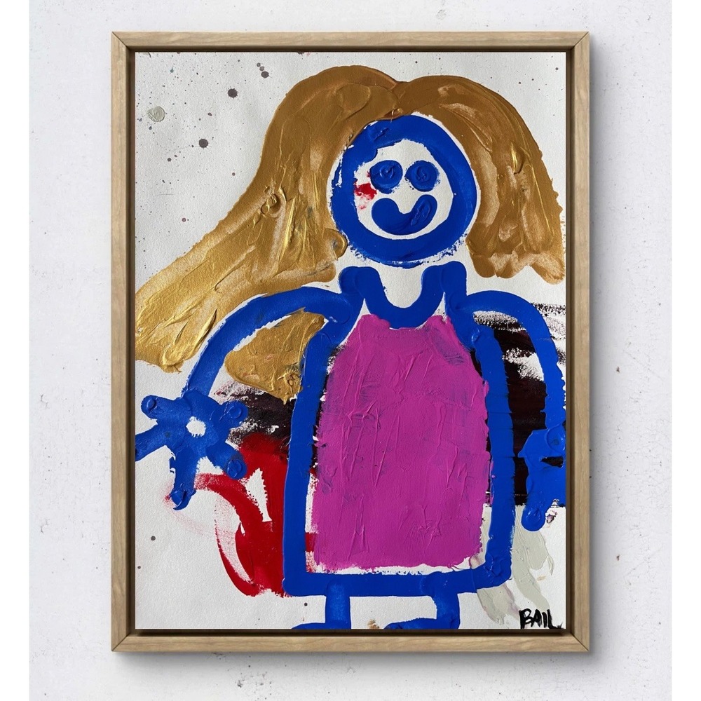 11x14 Original Girl Acrylic Painting Whimsical Portrait Outsider Folk Art Signed